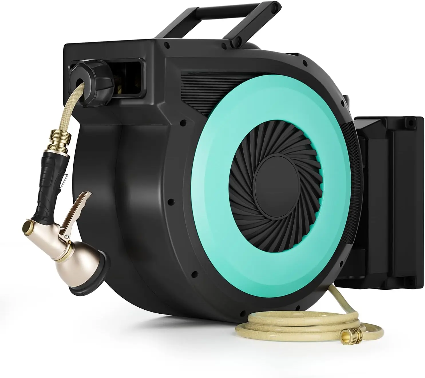 

Steel Coil Retractable Garden 3/5 in x 100 ft Hose Reel with 9-Pattern Metal Nozzle, Full Brass Interface, UV-resistant shell, W