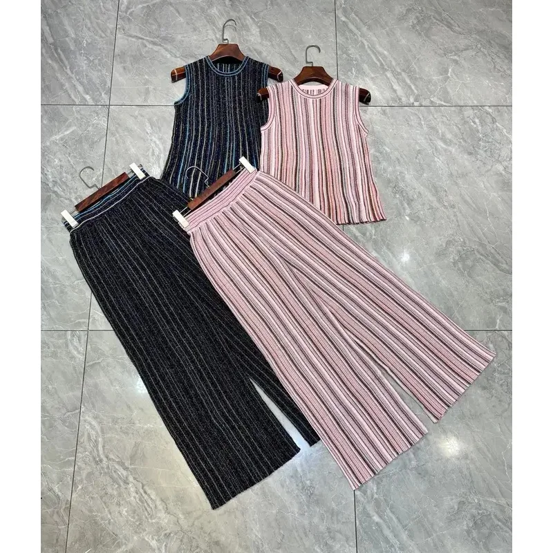 2026 Women Sequins Knitted Set Round Neck Sleeveless Vest + Elastic Waist Straight Long Pants Vintage Slim Suit