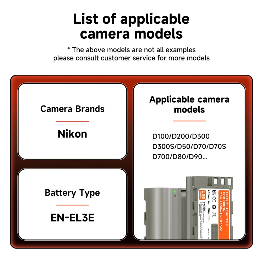 2450mAh EN-EL3E Battery EN EL3e EN EL3E Camera Battery for Nikon D30 D50 D70 D70s D80 D90 D100 D200 D300 D300S D700 D800