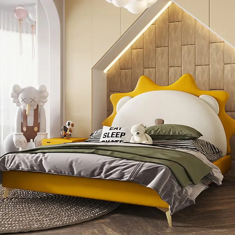 Cute Children’s Bed Lion Shape Leather Bed For Boy And Girl Kids Bedroom Furniture High Density Rebound Sponge Wood Bed For Kids