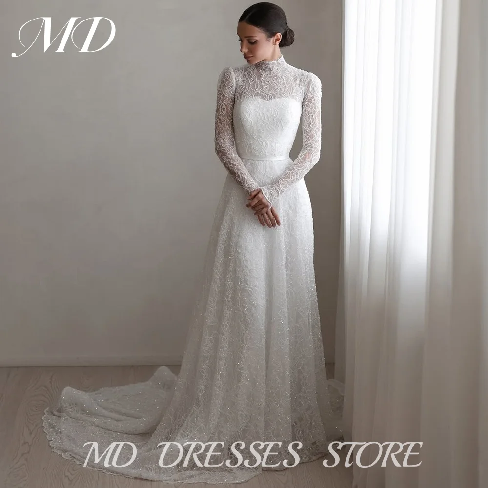 

MD 2025 Modern Princess Shinny Muslim Wedding Dresses High Neck Full Lace Applique Buttons Back Customsized Bride Wedding Gown