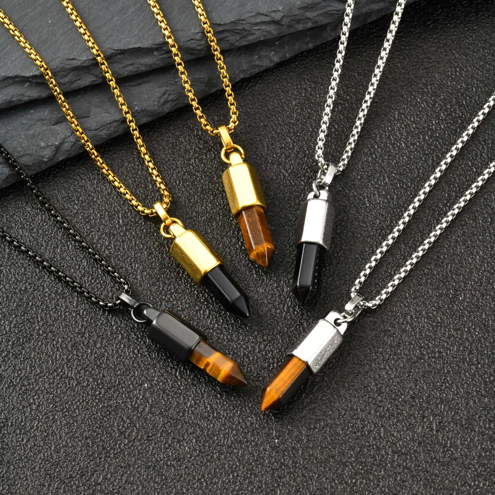 Trendige geometrische unregelmäßige Edelstahl-Halskette für Herren, hochwertiger schwarzer Achat-Tigerauge-Naturstein-Anhänger-Schmuck – Detail 8