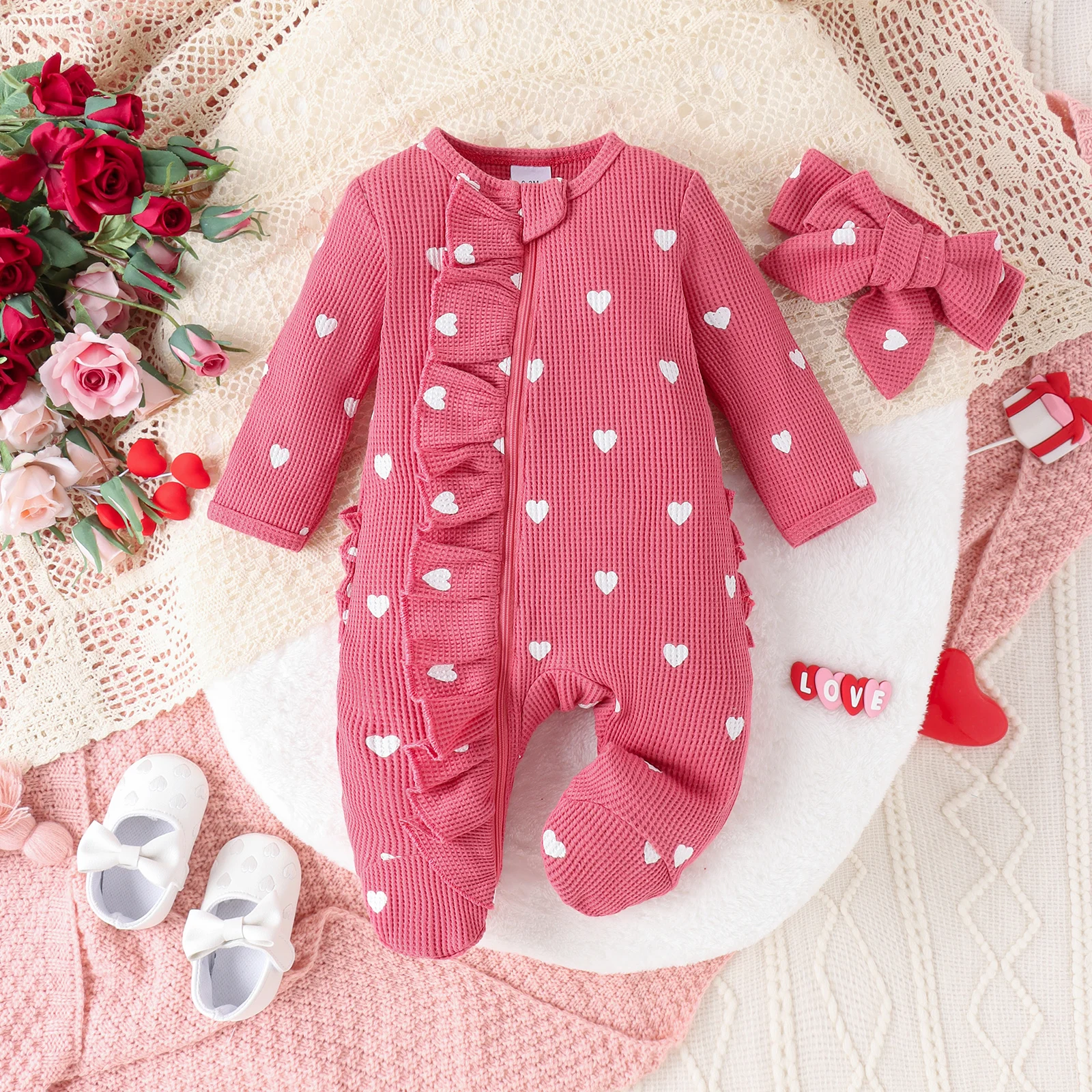 2PCS Autumn From 0 To June Newborn Baby Comfortable Cute Round-Neck Waffle Check Heart Zipper Long-Sleeved Footsuit