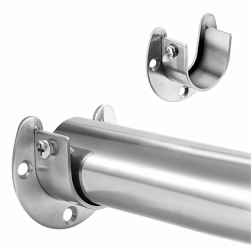 Stainless Steel Clothes Rail Closet Curtain Rod Shower U-Shaped Pole Sockets Flange End Supports