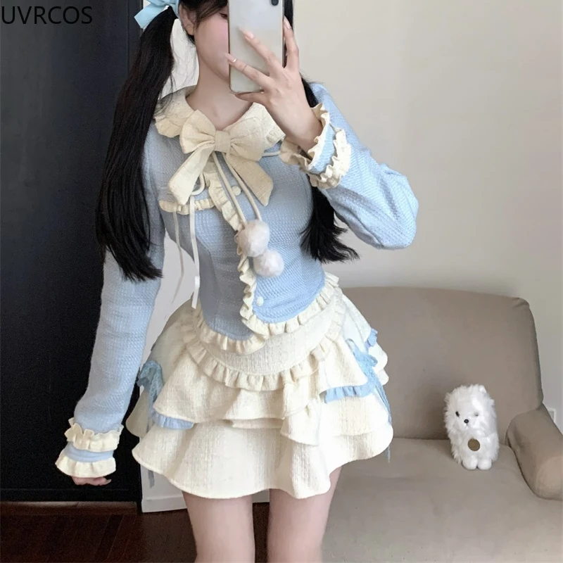 Blue Kawaii Lolita Style gonna Set donna Sweet Bow Peter Pan Collar giacche corte cappotto Slim minigonne abito moda coreana 2024