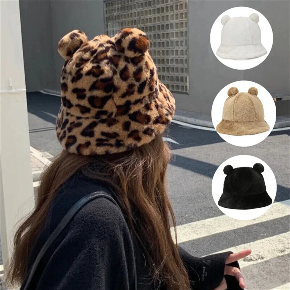 2022 New Women Winter Fluffy Bear Ear Plush Bucket Hat Fashion Ladies Warm Faux Fur Fisherman Cap Panama Gorra De Pescador