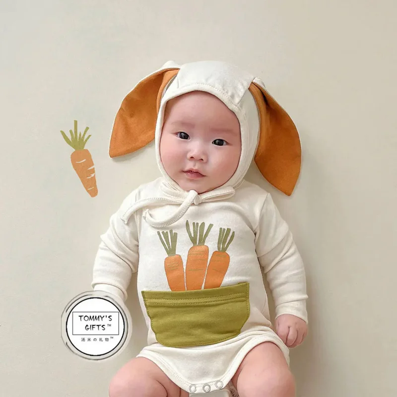 Infant Baby Boys Girls Romper Bunny Costume Bodysuit Long Rabbit Ear Carrot Print Pocket Photography Easter Birthday Fancy Dress