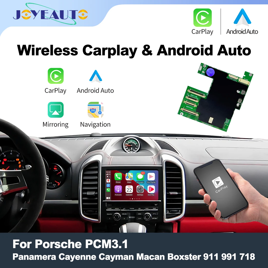 Joyeauto Wireless Apple CarPlay Interface for Porsche Cayenne Macan Cayman Panamera Boxster 718 911 958 PCM3.1 BT Android Auto