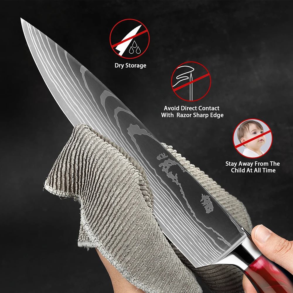 XITUO-Couteau de cuisine tranchant en acier inoxydable, couteau de chef, bord ergonomique, manche en résine rouge avec gaine, 8 po, 7Cr17Mov