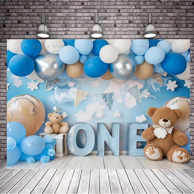 Blue Balloon Happy Birthday Bear Background Cloth Suitable For Birthday Party Baby Shower Holiday Decoration Photo Props