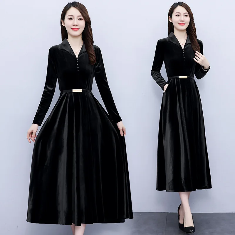 Women Elegant Velvet Midi Dress With Belt Autumn Winter Korean Long Sleeve Bodycon Vestidos Office Lady V-Neck Prom Party Dress