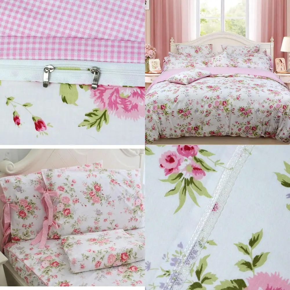 

Полноразмерный комплект постельного белья в розовую клетку из 100% хлопка с цветочным принтом потертостей и розой из 5 предметов