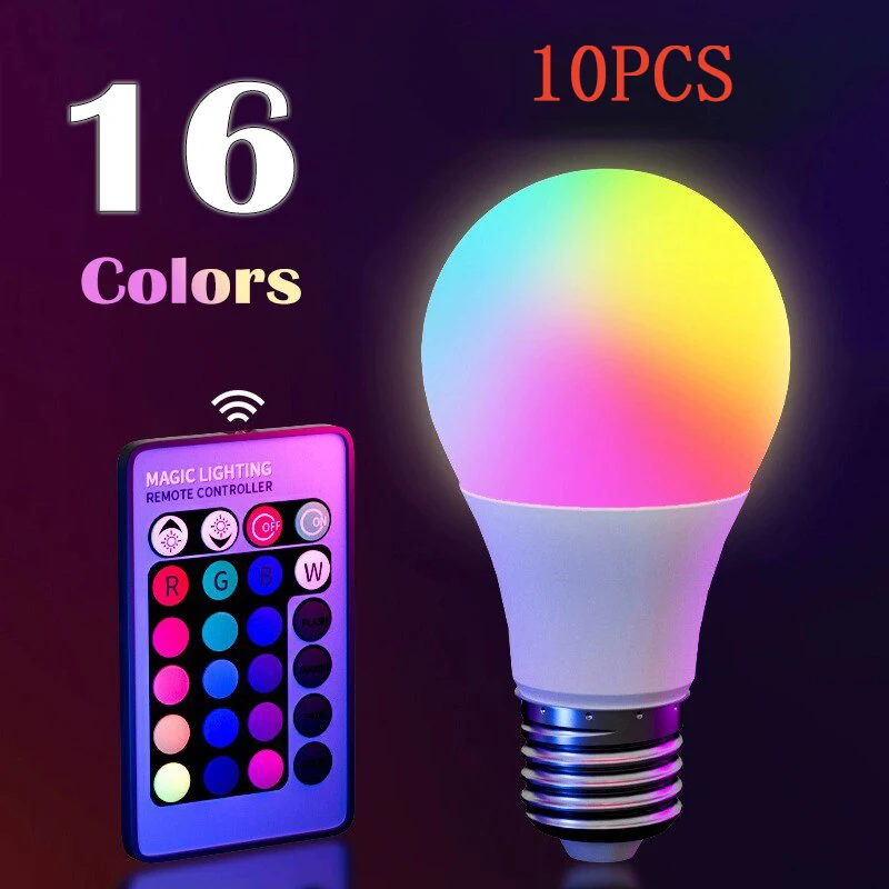 16 색 RGB 전구 LED 여러 가지 빛깔의 전구 E27 220V 가정용 조명 디밍 가능 24 키 원격 제어 스마트 램프 분위기 조명