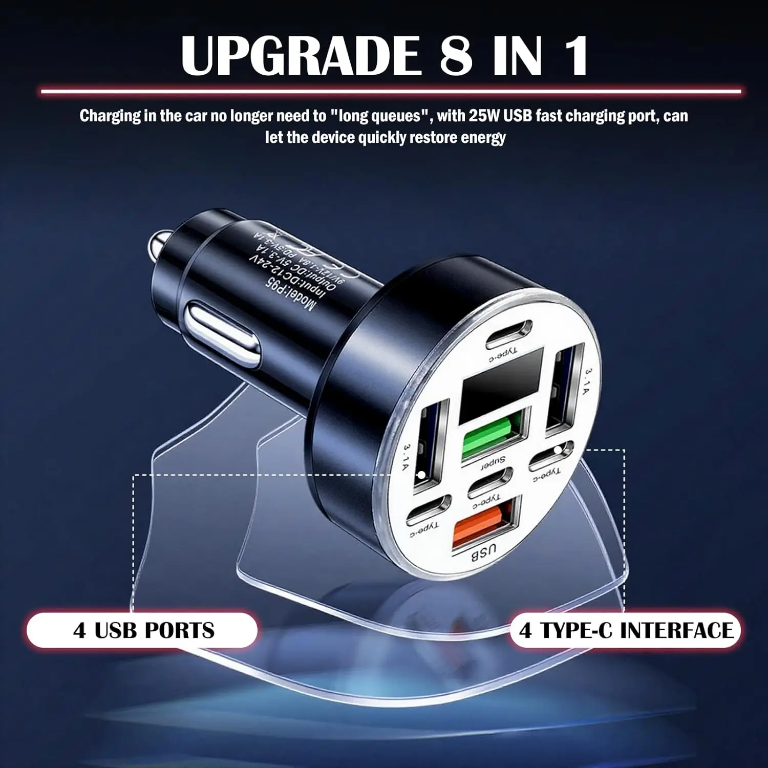 UYUXIO Multi Port USB C Car Charger Adapter 8 in 1 with Voltage Display Iight QC 4.0 PPS Super Fast Charge with Volt Meter