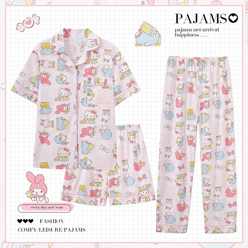 New Hellokitty Pajamas For Women Spring And Summer Short-Sleeved Three-Piece Set Pure Cotton Cute Sanrio Home Clothes