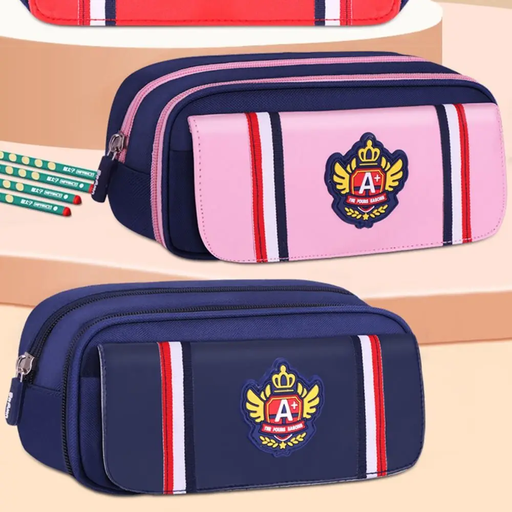 Bolsa de caneta estilo britânico de desenho animado, três camadas, multifuncional, estojo de lápis, grande capacidade, bolsa de papelaria, presente