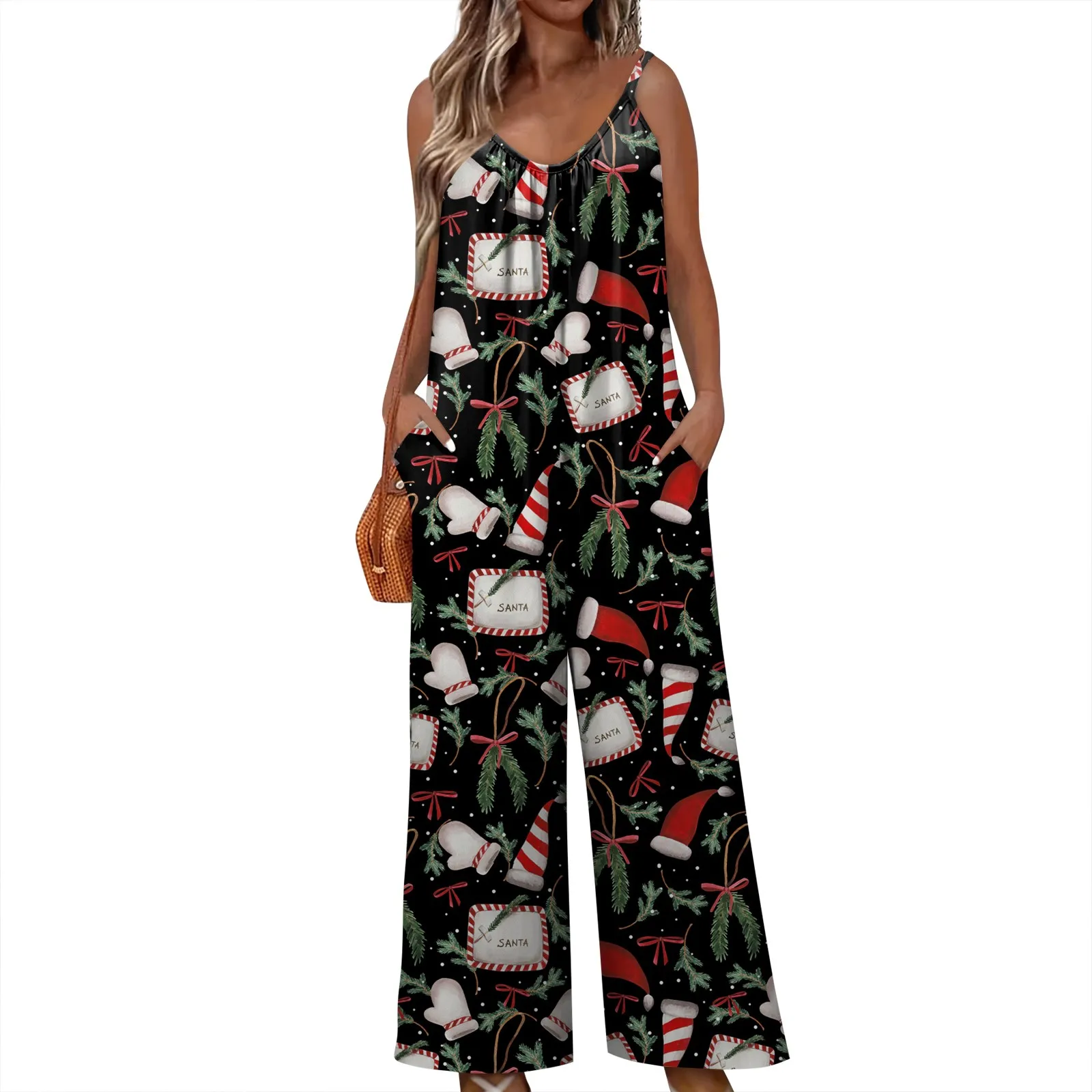 S-3xl Sleeveless Jumpsuit For Women Christmas Printed Loose  Versatile Sling Rompers Wide Leg Adjustable Suspender Jumpsuit