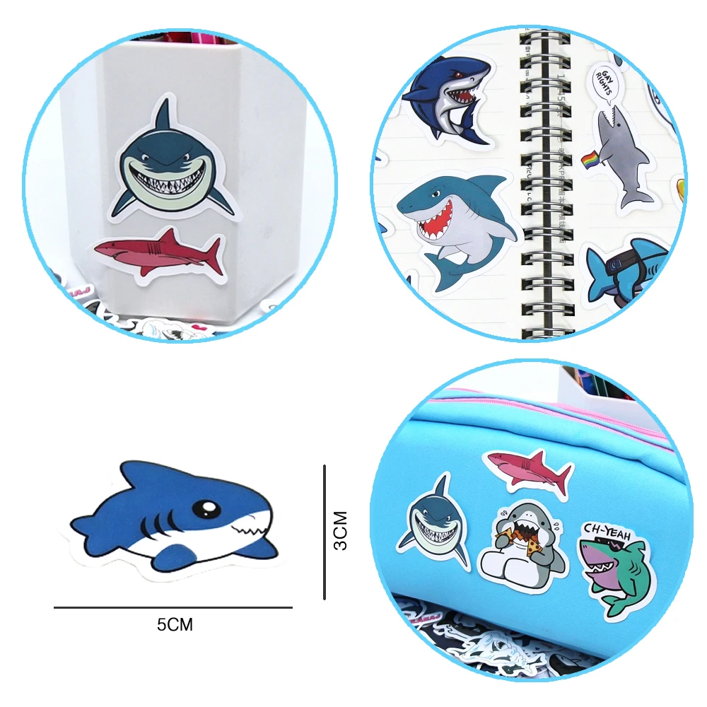 10/100p Sharks Ocean Fish Kawaii Stickers Toys Cute Cartoon Decals For Kids DIY Laptop Scrapbook Stationery Fridge Funny Sticker