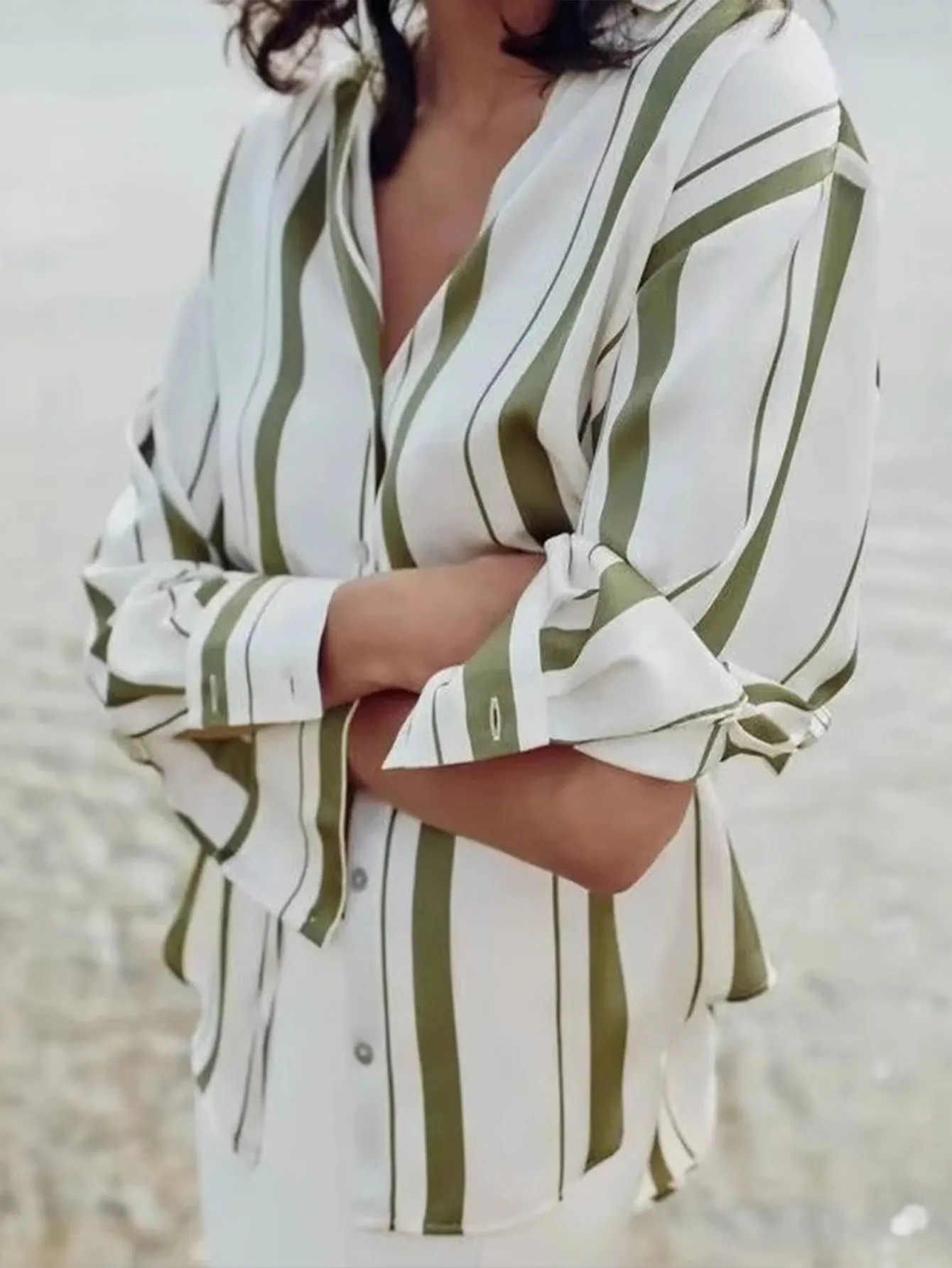 

Женская летняя рубашка в полоску, простая повседневная однобортная рубашка на пуговицах спереди с манжетами и рукавами, повседневный топ с полуоткрытым воротником для офиса