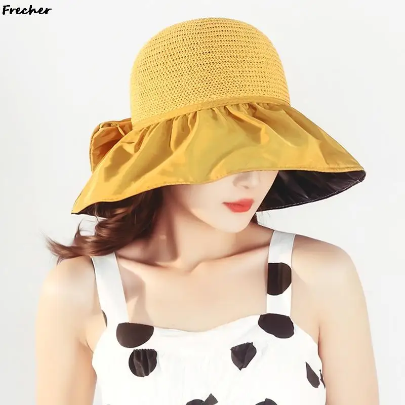 UV Protection Linen Hats for Women Summer Holiday Panama Rolling Bucket Hat Outdoor Sunscreen Caps Wide Brim Bow Beach Party Hat