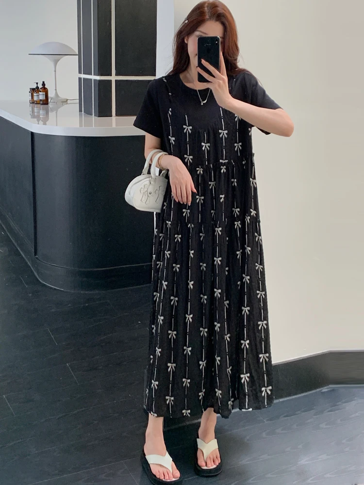 فستان نسائي مقاس كبير من NYFS لصيف 2025 فستان فضفاض بفيونكة مزيفة طويلة رداء Elbise بأكمام قصيرة على الطراز الكوري #2