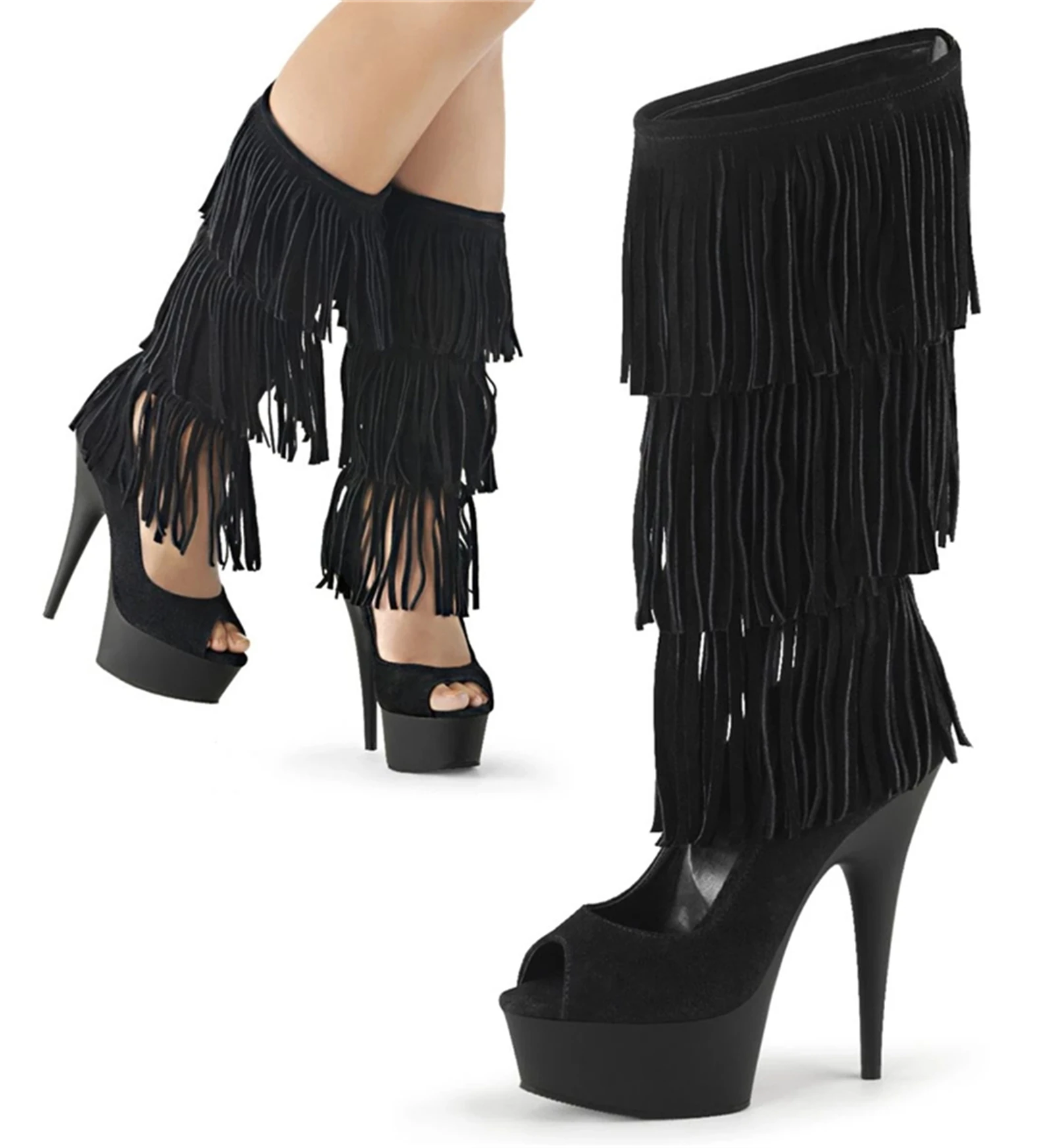 

​15CM Fringe Peep Toe Ankle Boots Black, Swing Tassel Platform Stiletto Heels with Chunky Sole, Rocker Chic Party Shoes​