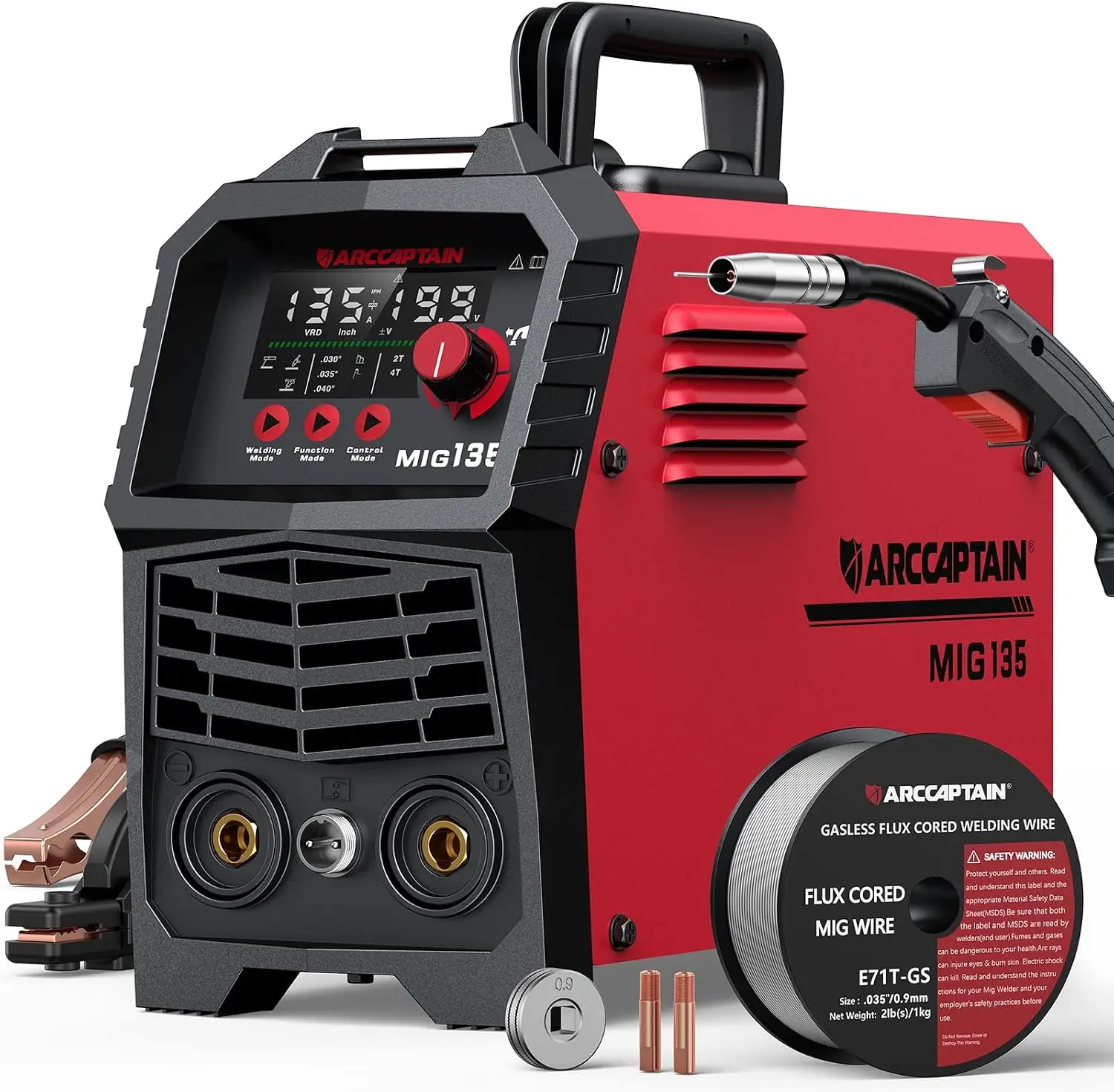 135A Flux Core MIG Welder 110V 3-in-1 Gasless MIG Stick Lift TIG | Clear Dispaly, Beginner Friendly, Synergy Control, 2T 4T, Wir