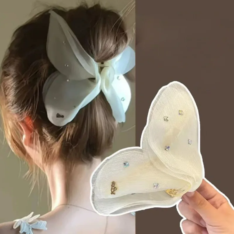 

Large Size White Butterfly Knot Hair Claw Shiny Diamond Mesh Hair Clip Elegant Shark Clamp Women's Hair Accessories HairClaw