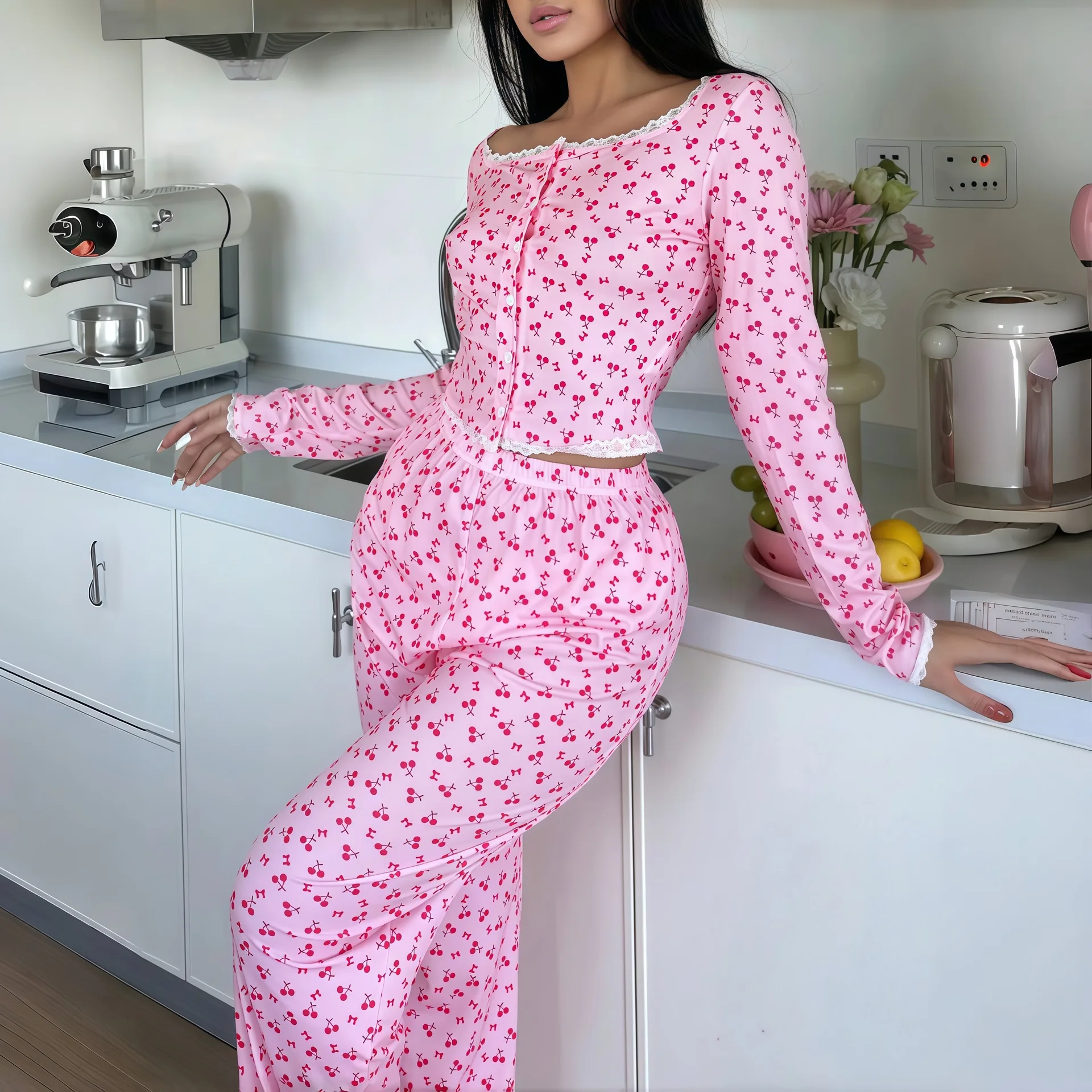 

Sweet Style Heart Shape Lace Trim Home Clothes Long Sleeve Ladies Sleepwear Set Comfortable Thin Fabric Four Seasons Universal