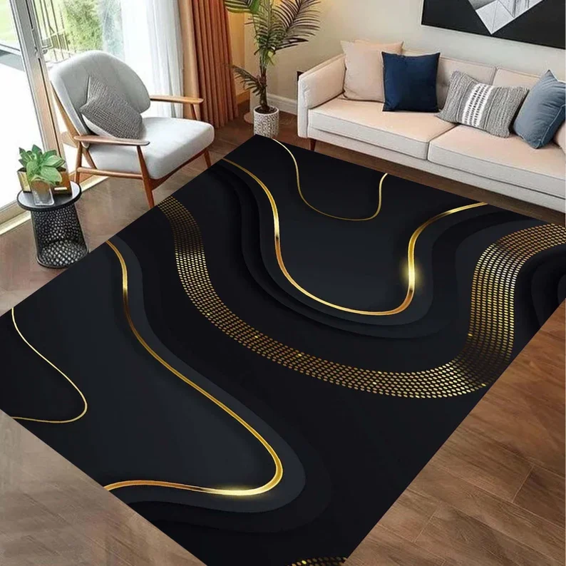 Marmor-Teppich Luxuriöser Schwarz-Gold Abstrakter Teppich Moderner Geometrischer Wohnzimmerteppich Elegante Rutschfeste Bodenmatte Wohndekor