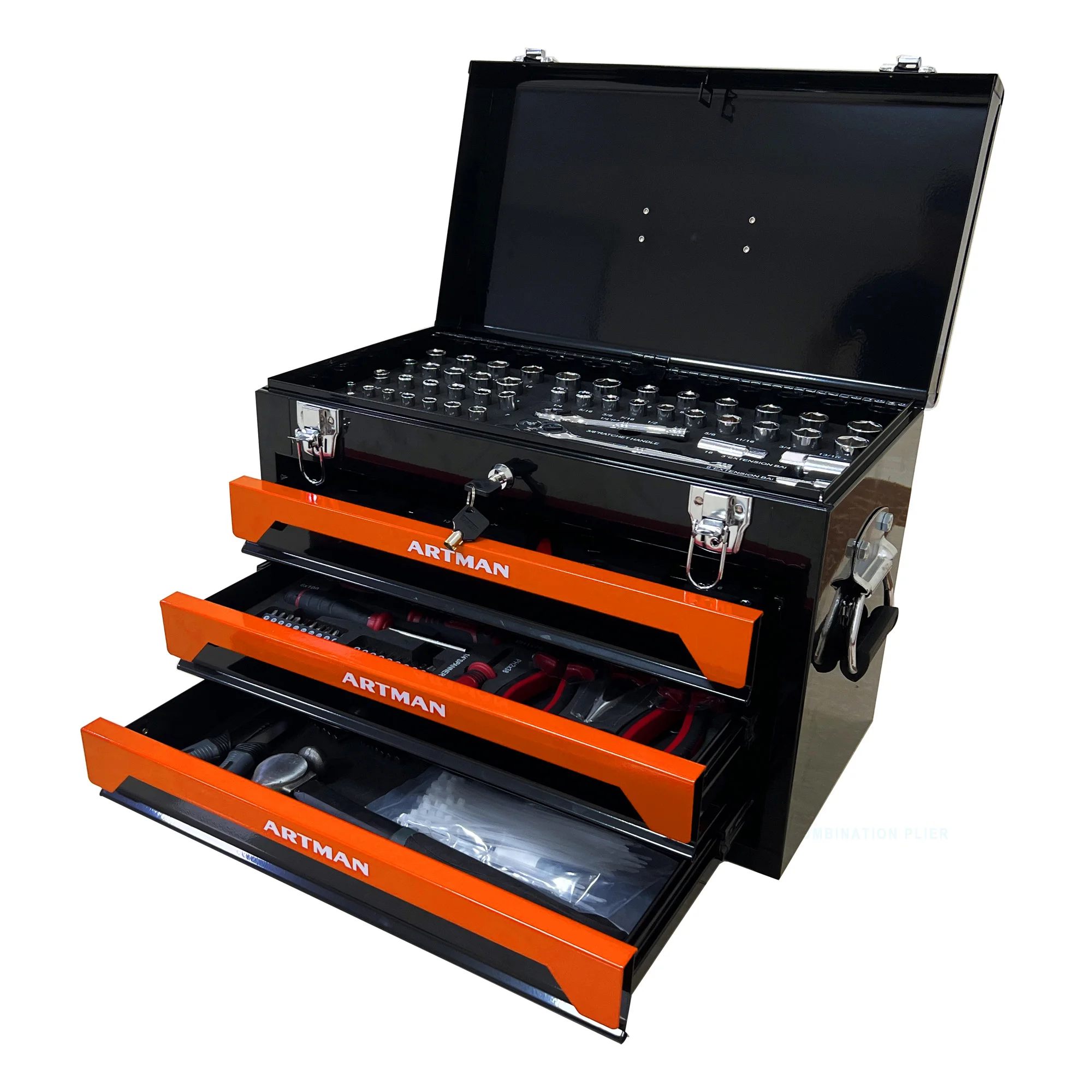 Portable 3-Drawer 4-Layer Steel Toolbox 20-Inch Multipurpose Tool Storage Latch Storage Tray Carrying