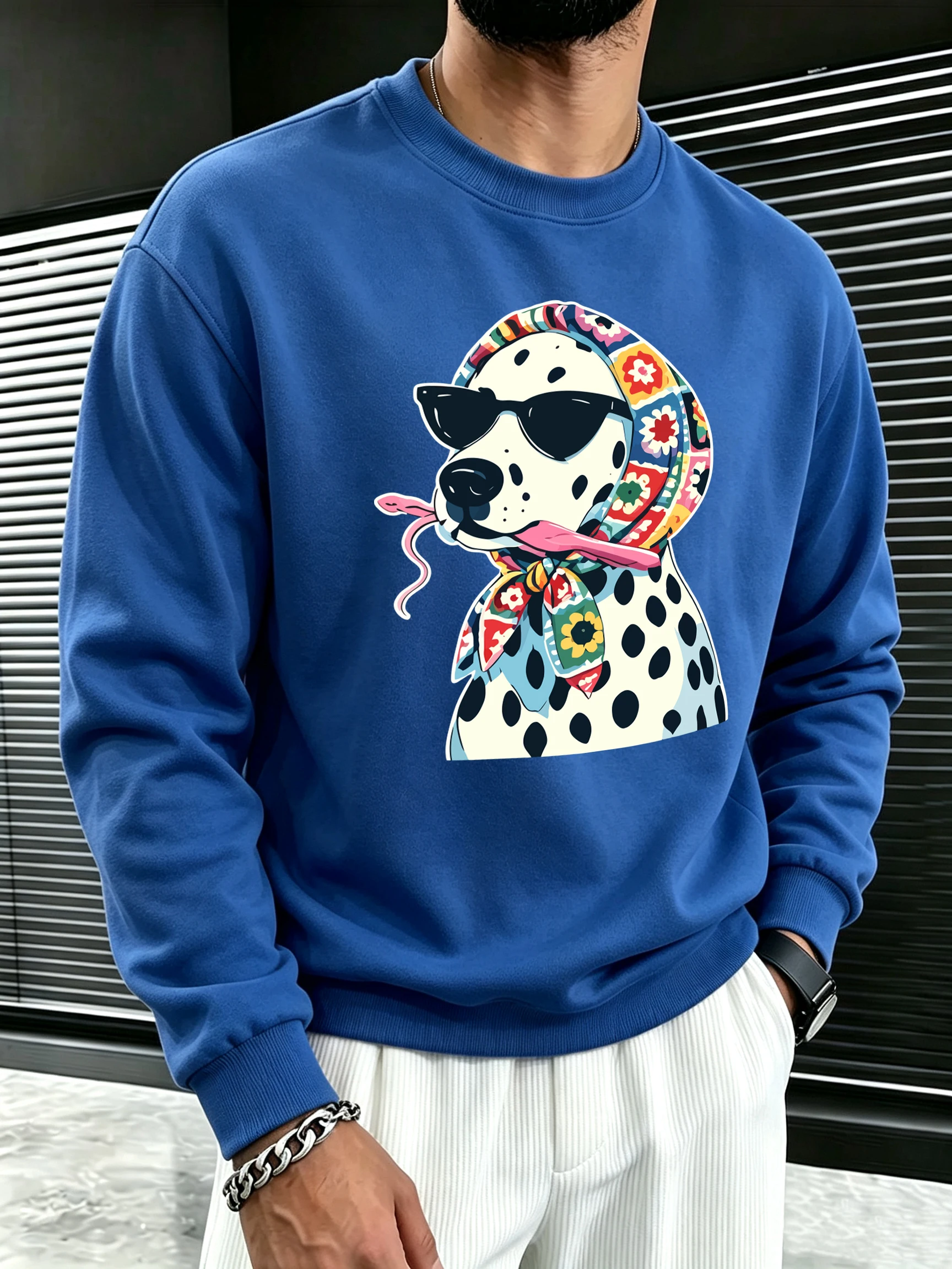 Floral Headscarves Sunglasses Spotted Dogs Print Mens Pullover Running Sweatshirt Fleece Loose Clothes Casual Autumn Sportswear