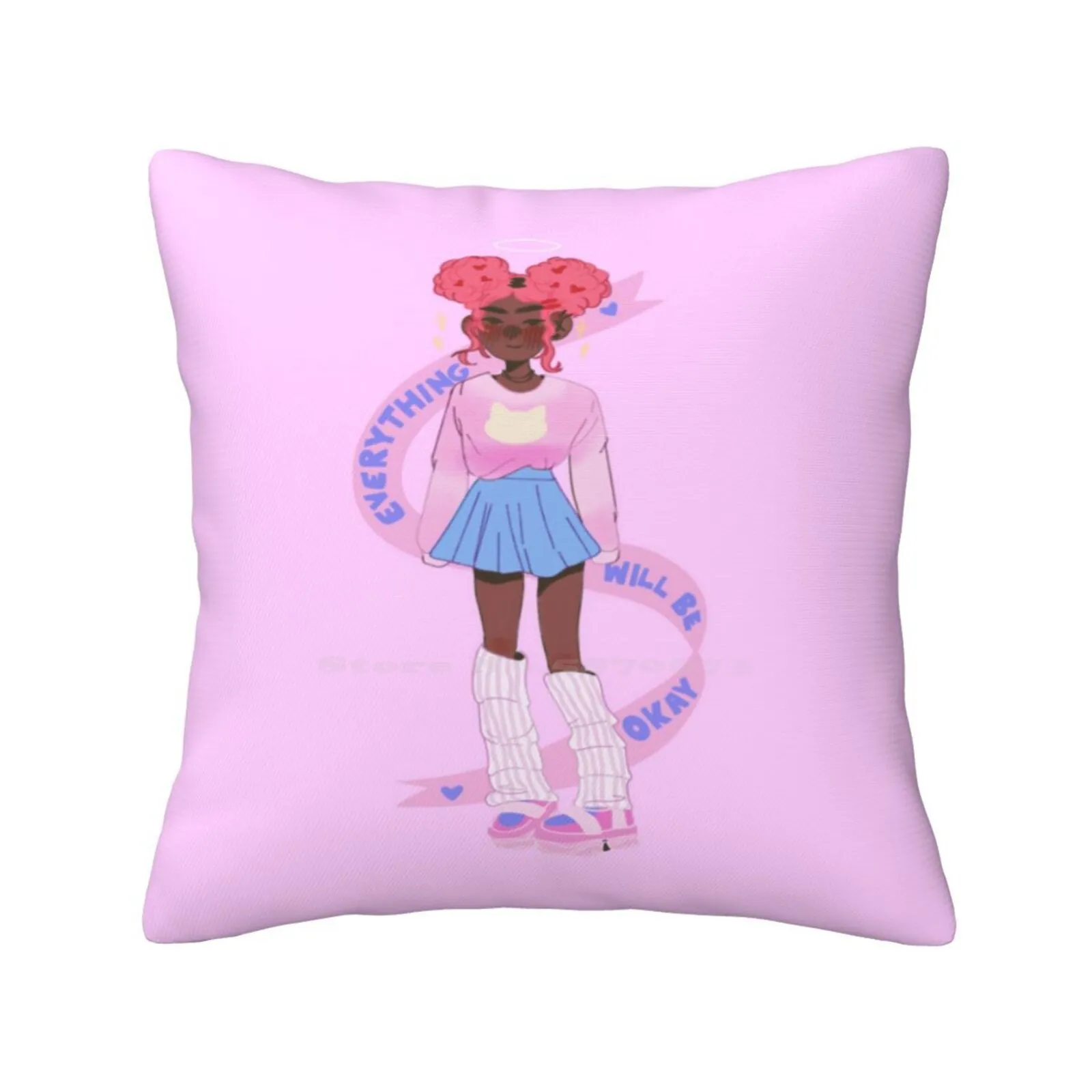 Everything Will Be Okay Pillowslip Pillowcase Mental Health Reminder Black Artist Cute Kawaii Alt Fashion Pastel Pink Black Girl