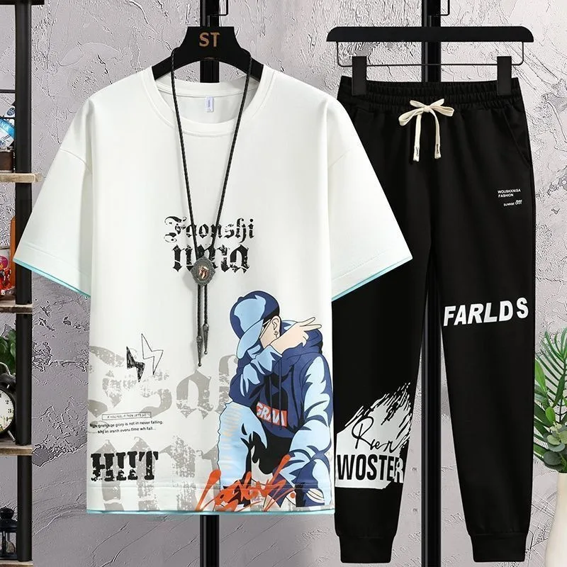 

2025 New Mens Oversized Sets M-8XL Tracksuit Summer Youth Trendy T Shirts Sports Pants 2 Piece Sets Black Suits for Man