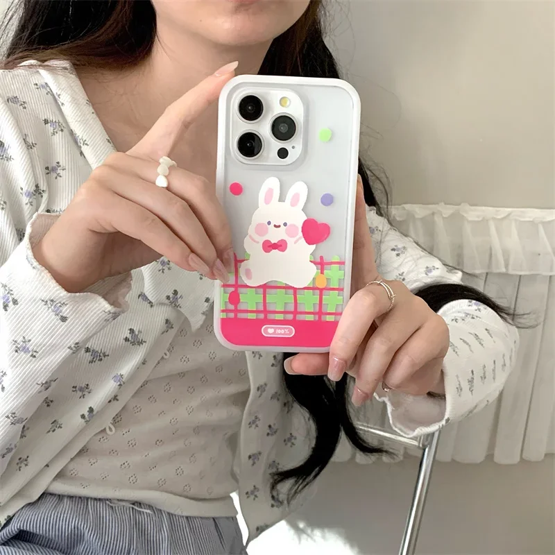 Étui de téléphone Kawaii Love Rabbit pour femme, couverture mignonne, graffiti, plaid, emballage complet, coréen, amusant, iPhone 15 Pro, 11, 12, 13, 14 Pro Max