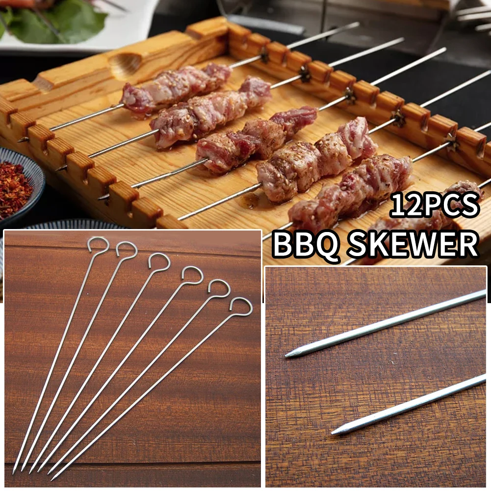 12 BH stik tusuk sate BBQ, bahan Stainless Steel bulat memasak daging panjang dapur luar ruangan piknik sayuran mudah dibersihkan dapat digunakan kembali