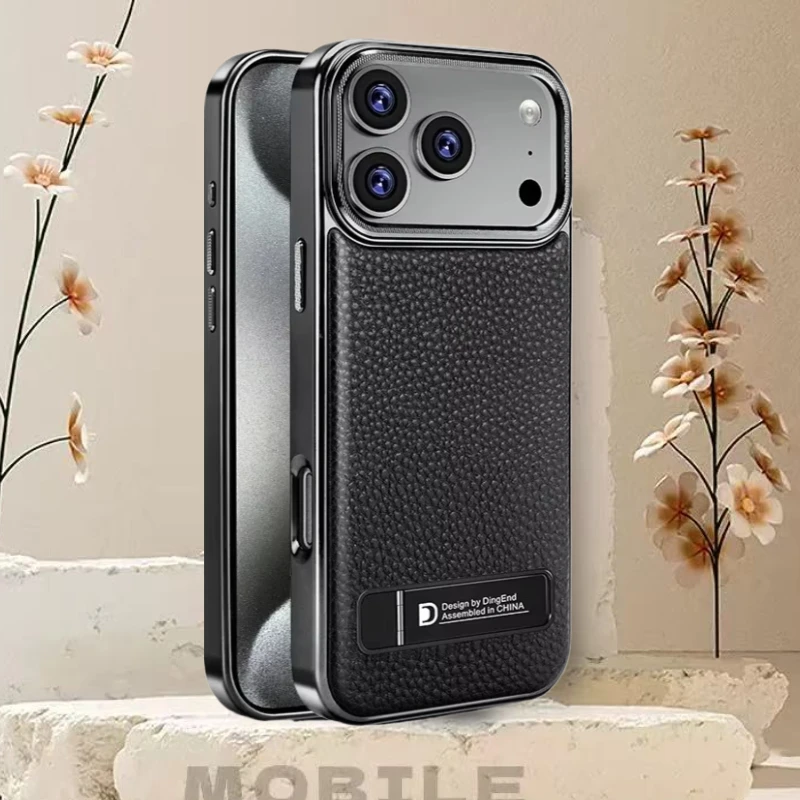

Genuine Leather Electroplated Phone Case for IPhone 16 Pro Max 17 Air 15 Plus 14 13 12 Lens Bumper Magnetic Charging Stand Cover
