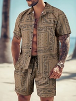 2pcs Fashion Men's Paisley Print Shorts Shirt Set Drawstring Waist Summer Beachwear White with Black Floral Prints Asian Size