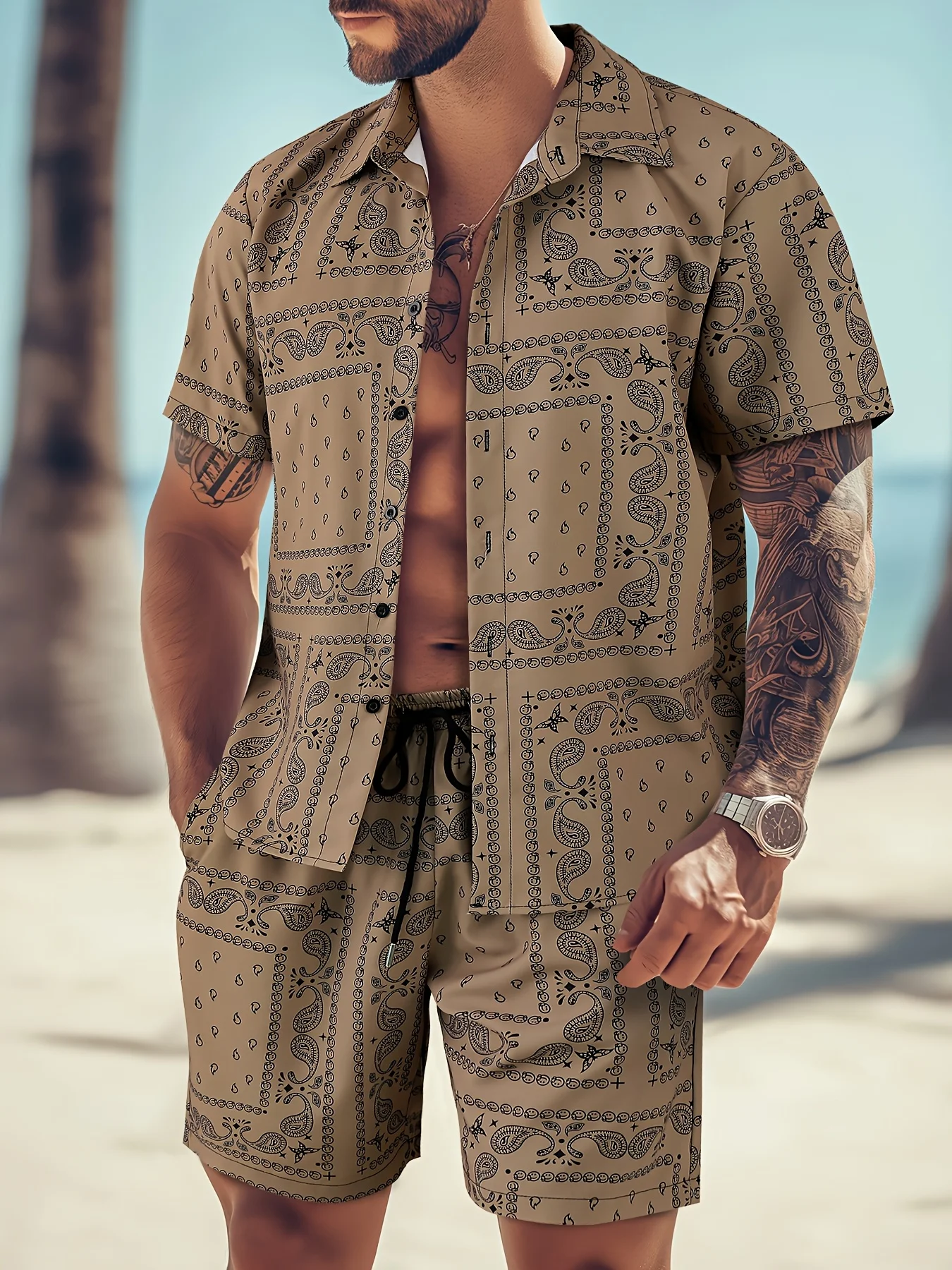 2pcs Fashion Men's Paisley Print Shorts Shirt Set Drawstring Waist Summer Beachwear White with Black Floral Prints Asian Size
