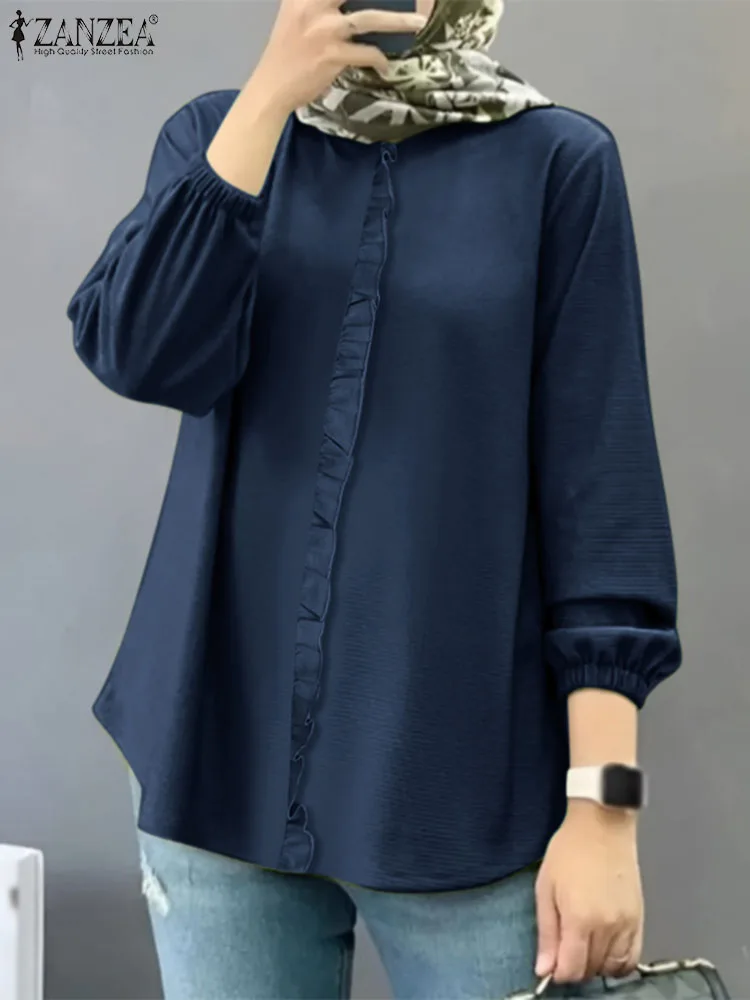 ZANZEA Fashion Lantern Sleeve Muslim Shirt Woman Vintage Solid Blouse Casual Fungus Ruffled Edge Busas Autumn Vintage Party Tops