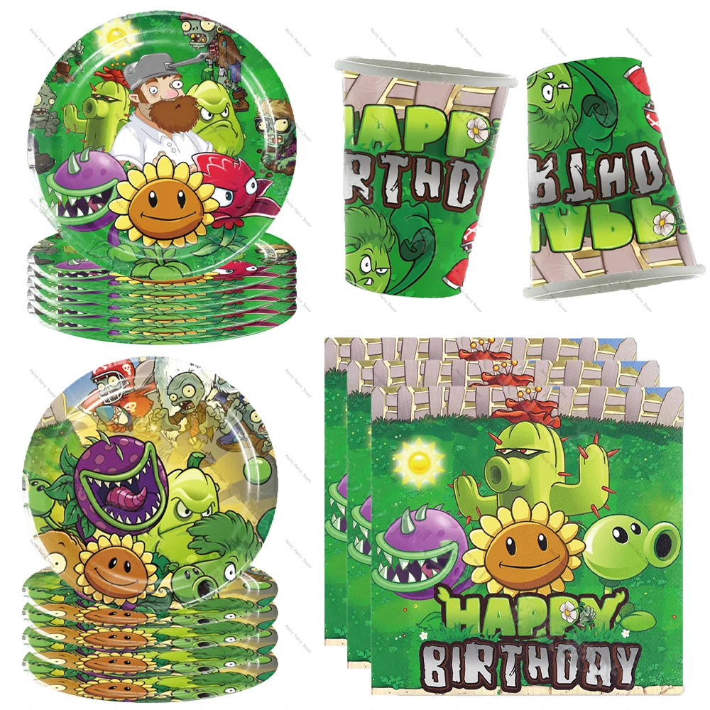 KAYOU Plants vs. Zombies Game Party Disposable Tableware Cup Plate Napkin Tablecloth Balloon for Kids Birthday Party Decorations