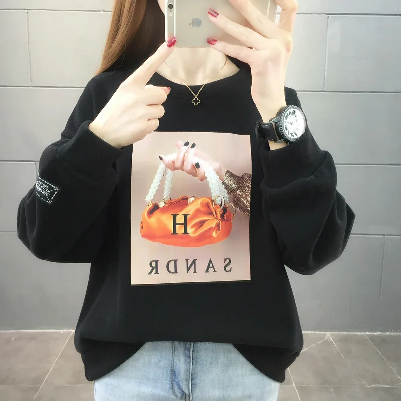 FAVRE Letter Print Sweatshirts Warm Womens Roundneck Fleece Pullovers Autumn Winter Ins Europe and America Slim Loose Hoodies