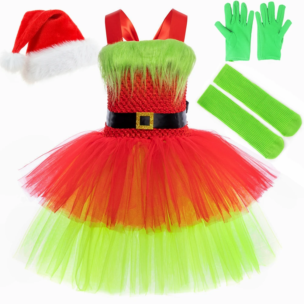 Santa Claus Monster Costume Kids Girls Christmas Tutu Dress Outfit Toddler Girls Halloween Green Fur Monster Dress Up Clothes