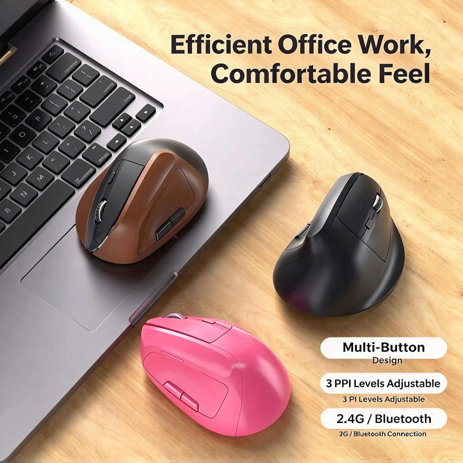 Ergonomic Vertical Wireless Mouse 2.4G & Bluetooth 3 Device Connection Rechargeable 800/1200/1600 DPI Adjustable Office PC Mice