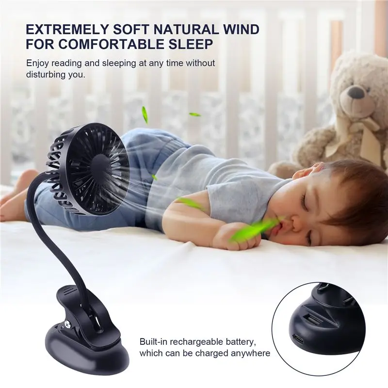A60T Effortless Portable Mini Clip Stroller Fan,3 Speeds Settings,Flexible Bendable Usb Rechargeable Battery Operated Quiet Desk