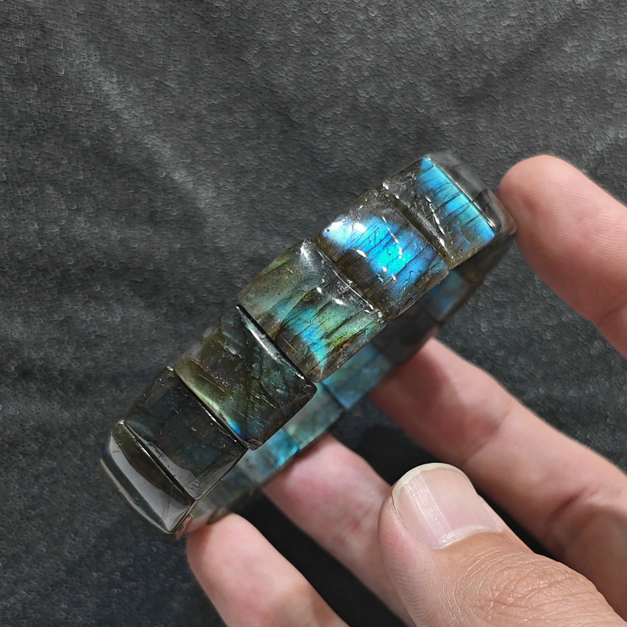 Natural Labradorite Quartz Bracelet Rectangle Block Stretch Bangle Blue Green Flash Gemstone Wristband Statement Gift for Men