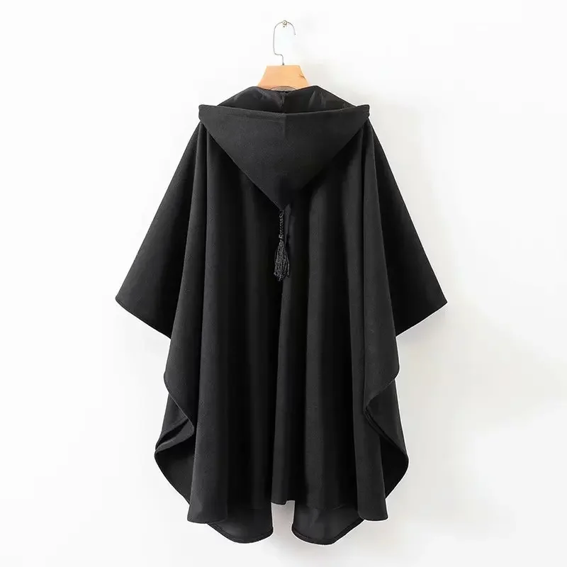 Vintage Gothic Black Hooded Cape Poncho Women Loose Cloak Ponchos Coat Cardigan Trench Open Fringe Hooded Wraps Capas Autumn