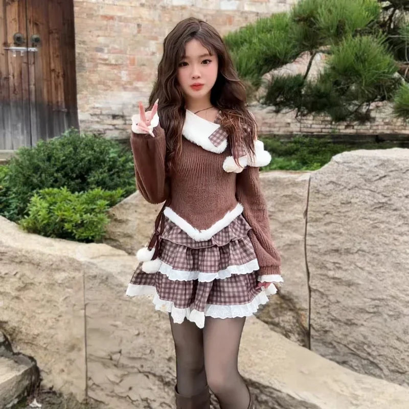 IMU Japanese Autumn Winter Sweet Lolita 2 Piece Sets Women Bow Plush Patchwork Skew Collar Slim Tops Retro Plaid Cake Skirts Out
