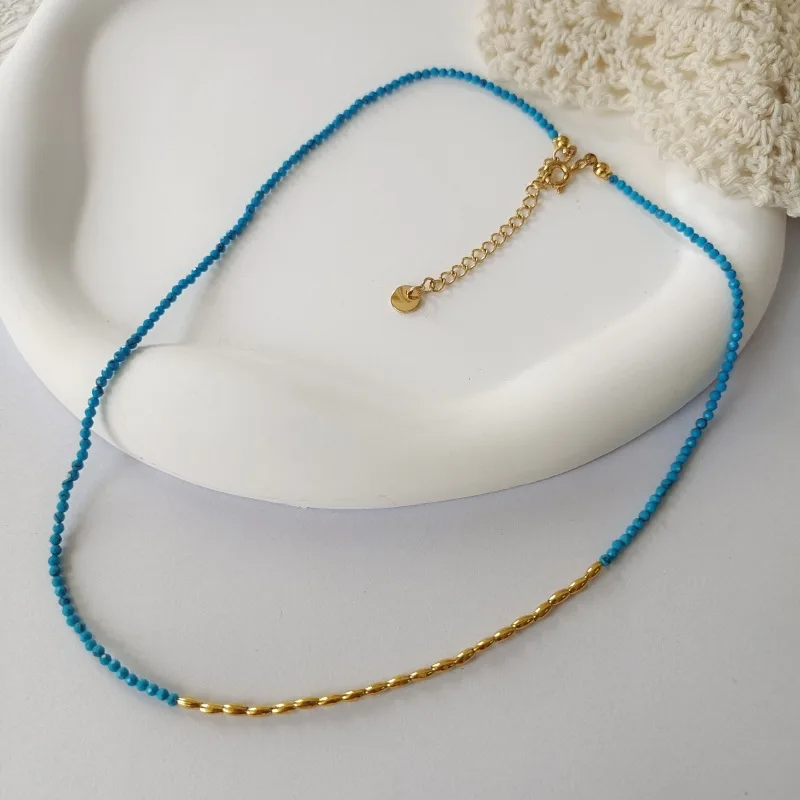 

Classic Extremely Small Carved Turquoise Splicing Gold Plated Oval Metal Beads Necklace Collarbone Chain Autumn Sweater Necklace