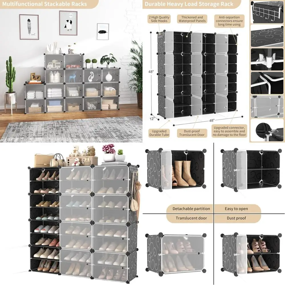 

48 пар штабелируемой пластиковой полки для обуви с дверцей, простая сборка, регулируемый и расширяемый шкаф для хранения, черный